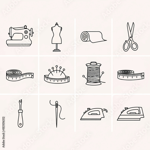 Sewing and tailoring icon set minimalist vector illustrations for fashion design isolated on white b