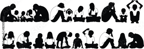 Silhouette of parents and children sitting together, family activities, communication and bonding illustration showing emotional connection, parenting moments and child development scenes