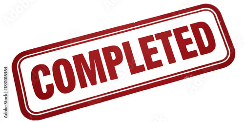 A red completed stamp with a double border on a white background diagonally placed