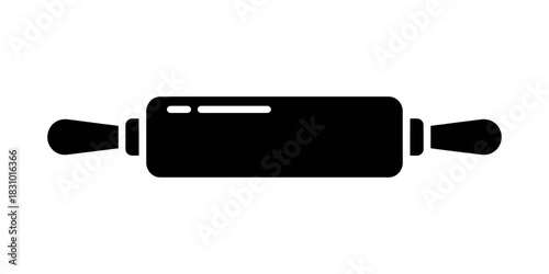 A solid black rolling pin with handles on a white background in a flat style