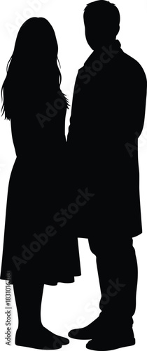 Silhouette of romantic couple standing together in simple black design, man and woman facing each other in vector illustration