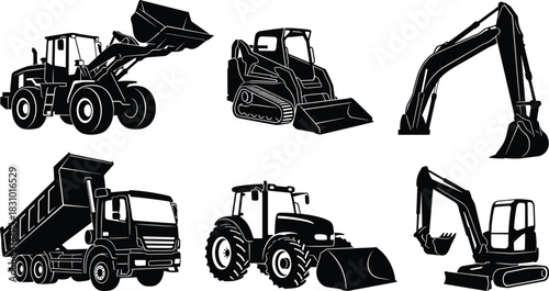 Silhouette set of heavy construction vehicles including excavators, loaders, tractors, dump truck and skid steer equipment for industrial engineering illustration