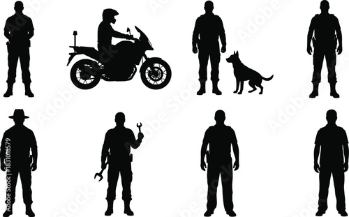 Silhouettes of security personnel, mechanic, motorcyclist, police officer, and handler with dog in various poses for safety and workforce illustration.