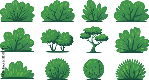 Cartoon green bush and shrub vector set with leaf details for nature landscape and game design.