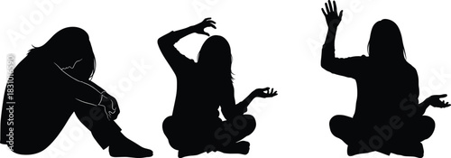Silhouettes of women sitting on floor in emotional and expressive poses, depicting sadness, communication, mindfulness, mental health and human expression illustration
