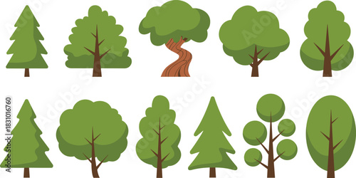 Flat vector cartoon tree collection featuring various green forest plants for nature landscape and game design.