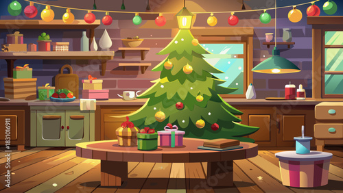 Wooden tabletop staged for Christmas product presentation, surrounded by a beautifully lit Christmas tree with ornaments, and a softly defocused Scandinavian kitchen backdrop