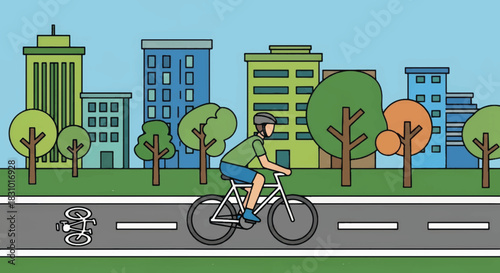 Cyclist riding on urban road with bike lane. City transportation and healthy lifestyle. Flat design vector illustration