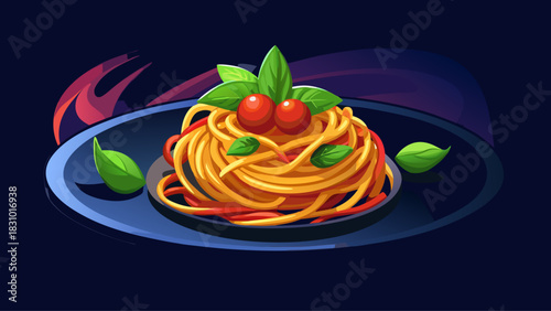 Italian spaghetti served on a dark minimalist plate set against a deep dark backdrop. Soft dramatic lighting, rich food texture, ideal for premium culinary branding, menu design, or professional food 