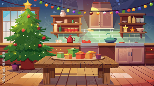 Empty wooden table prepared for festive Christmas product display, with a glowing decorated Christmas tree and softly blurred Scandinavian-style kitchen in the background