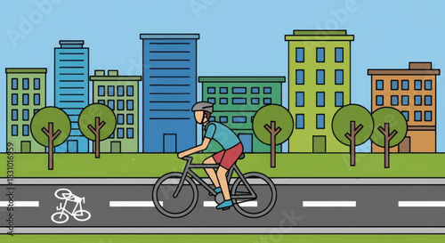 Cyclist riding bicycle on city street with bike lane. Urban transportation and eco commute concept. Flat design vector illustration