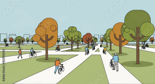 City park landscape with people cycling and walking. Urban green space with trees and paths. Flat design vector illustration