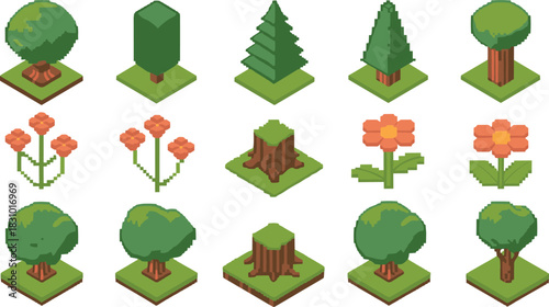 Isometric pixel art nature vector set featuring trees, flowers, and stumps for retro video game environment design.