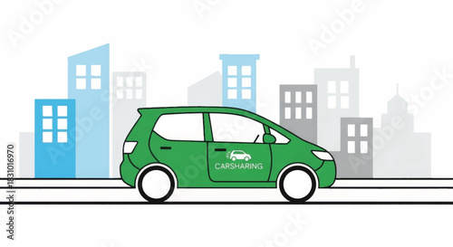 Carsharing service concept with green car driving in the city. Urban transportation and rental vehicle. Flat design vector illustration