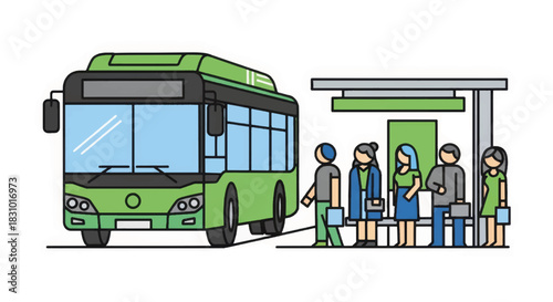 Public transport bus stop with waiting passengers. Green city bus arriving at station. Flat design vector illustration of urban commute concept