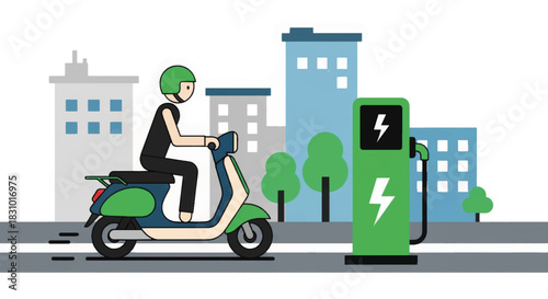 Electric scooter rider passing a charging station in the city. Eco-friendly urban transportation concept. Flat design vector illustration