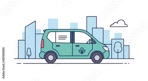 Eco-friendly delivery van driving in city. Electric vehicle transport concept. Flat design vector illustration