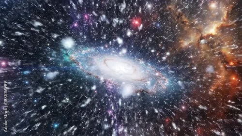 Swirling galaxy with bright center, surrounded by stardust clouds in a vast, starry cosmos