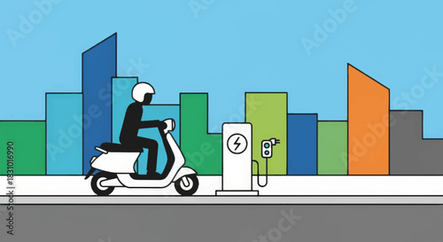 Electric scooter rider and charging station in city. Eco friendly urban transport concept. Flat design vector illustration