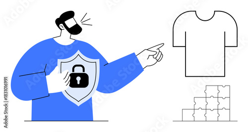 Security concept. A man holding a shield with a lock symbol highlights security. Security d through puzzle elements and minimal design. For e-commerce, branding, and cybersecurity