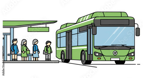 Public transport bus arriving at station with waiting passengers. Flat design vector illustration of city commuting. People queuing at bus shelter