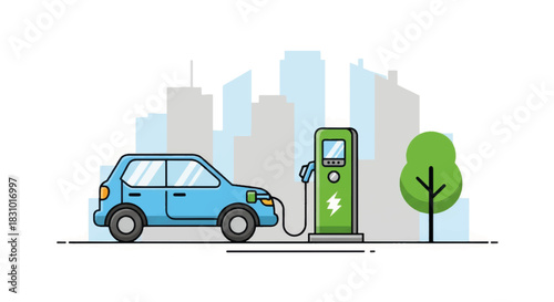 Electric car charging station. Eco friendly vehicle transport concept with city skyline. Flat design vector illustration
