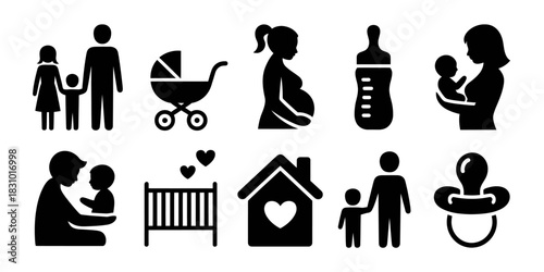 Collection of family and baby related black silhouette icons on white background