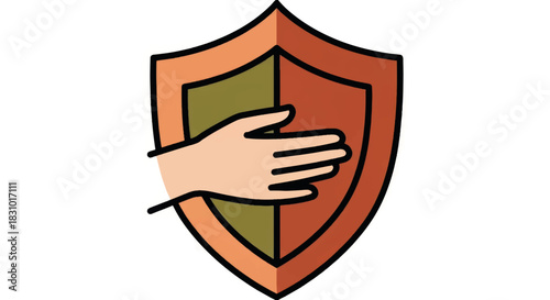 Shield and hand protection icon. Security and defense symbol. Flat design vector illustration
