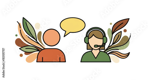 Customer service support agent talking to client. Call center operator with headset and speech bubble. Flat design vector illustration