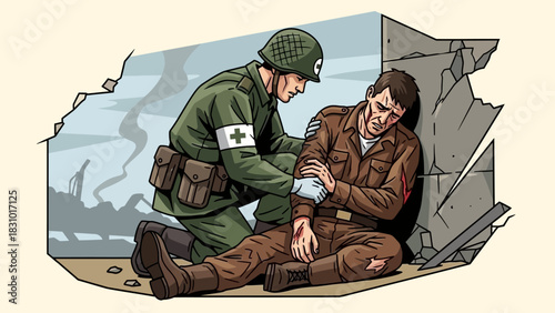 A medic tending to a wounded soldier during a war, offering aid and comfort.