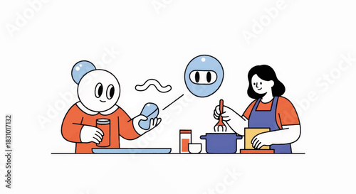 Cooking together concept. Woman and cartoon character preparing meal in kitchen. Flat design vector illustration