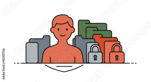 Personal data security and privacy protection concept. User avatar with locked file folders. Flat design vector illustration