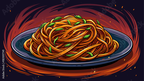 Dark ceramic plate filled with authentic Italian spaghetti on a moody dark background. Rich texture, subtle highlights, and elegant food styling perfect for gourmet culinary advertising or restaurant 