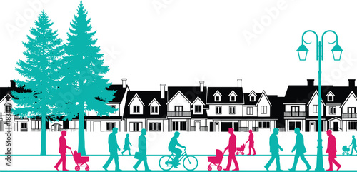 Urban neighborhood street scene with walking people, cyclists, families and strollers, detailed city houses illustration showing community lifestyle, outdoor activity and daily life