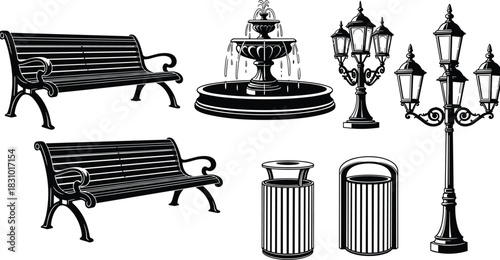 Urban park elements illustration set featuring benches, fountain, street lamps, and trash bins for city landscaping, outdoor design, public space planning, and decoration