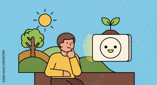 Green energy and sustainability concept. Man thinking about eco-friendly power with smiling socket and sprout. Flat vector illustration