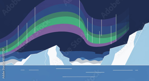 Colorful northern lights over icy landscape at night  