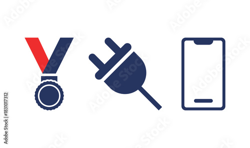 Vector Line Icons: Achievement Medal, Electric Power Plug, and Smartphone Symbols Set