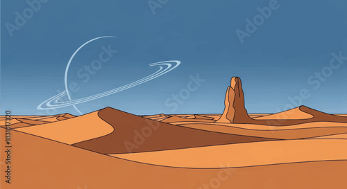 Desert landscape with rocky formations and rings in the sky  