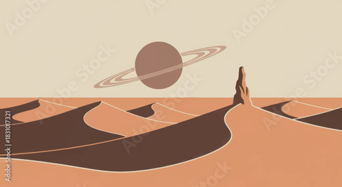 Desert landscape with abstract rock formation and planet in sky  