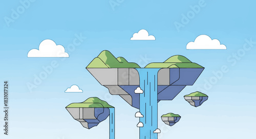Floating islands with waterfalls under blue sky and clouds  