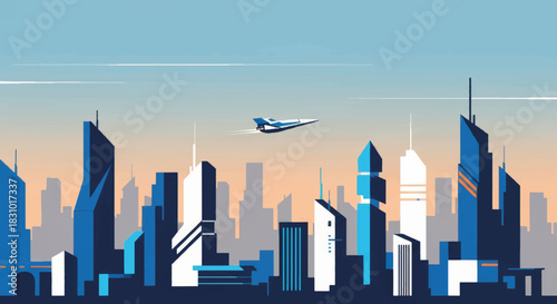 Futuristic city skyline with airplane flying in blue and orange hues  