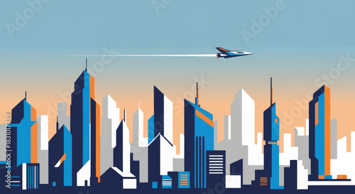 Modern city skyline with airplane flying against sunset backdrop  