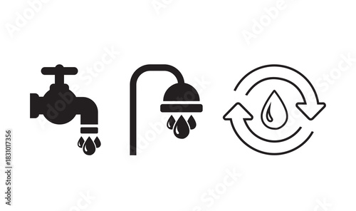 Water Consumption, Conservation, and Recycling Vector Icon Set: Faucet, Shower, and Eco Symbols