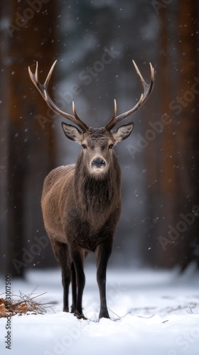 Wallpaper Mural Majestic deer standing in a snowy forest with tall trees and falling snowflakes during winter in the early morning light Torontodigital.ca