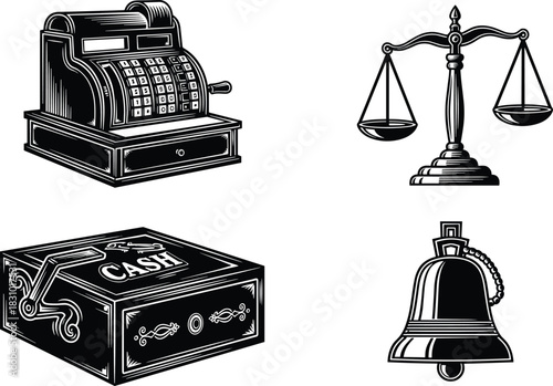 Vintage cash register, balance scale, antique cash box and classic service bell illustration for finance, commerce, retail business, law and shop decor