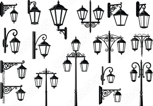 Vintage street lantern silhouettes collection featuring classic decorative lamp posts and wall lights for outdoor lighting design, architecture elements and urban illustration