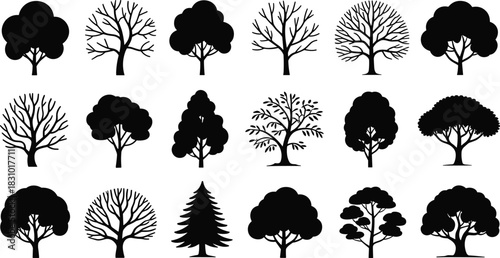 Vector collection of black tree silhouettes featuring leafy and bare branches for nature landscape and logo design.