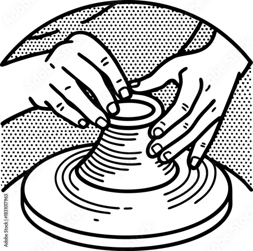 Hands shaping clay on pottery wheel, artisan craftsman working with ceramic art in minimalist black line illustration