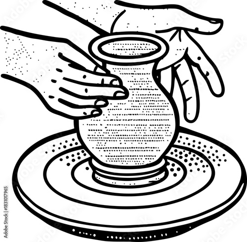 Hands shaping clay vase on spinning pottery wheel, artisan ceramic crafting and handmade creative process